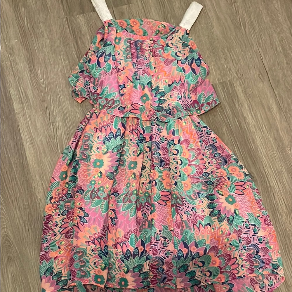 Girls size L/G (10-12) Route 66 Pink and Green Spaghetti Strap Sundress